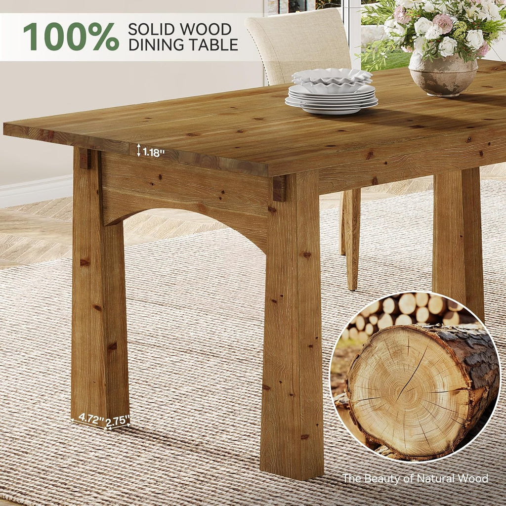 Solid Wood Dining Table for 4-6 People, 63-Inch Farmhouse Kitchen Table with Rich Grain and Texture, Wooden