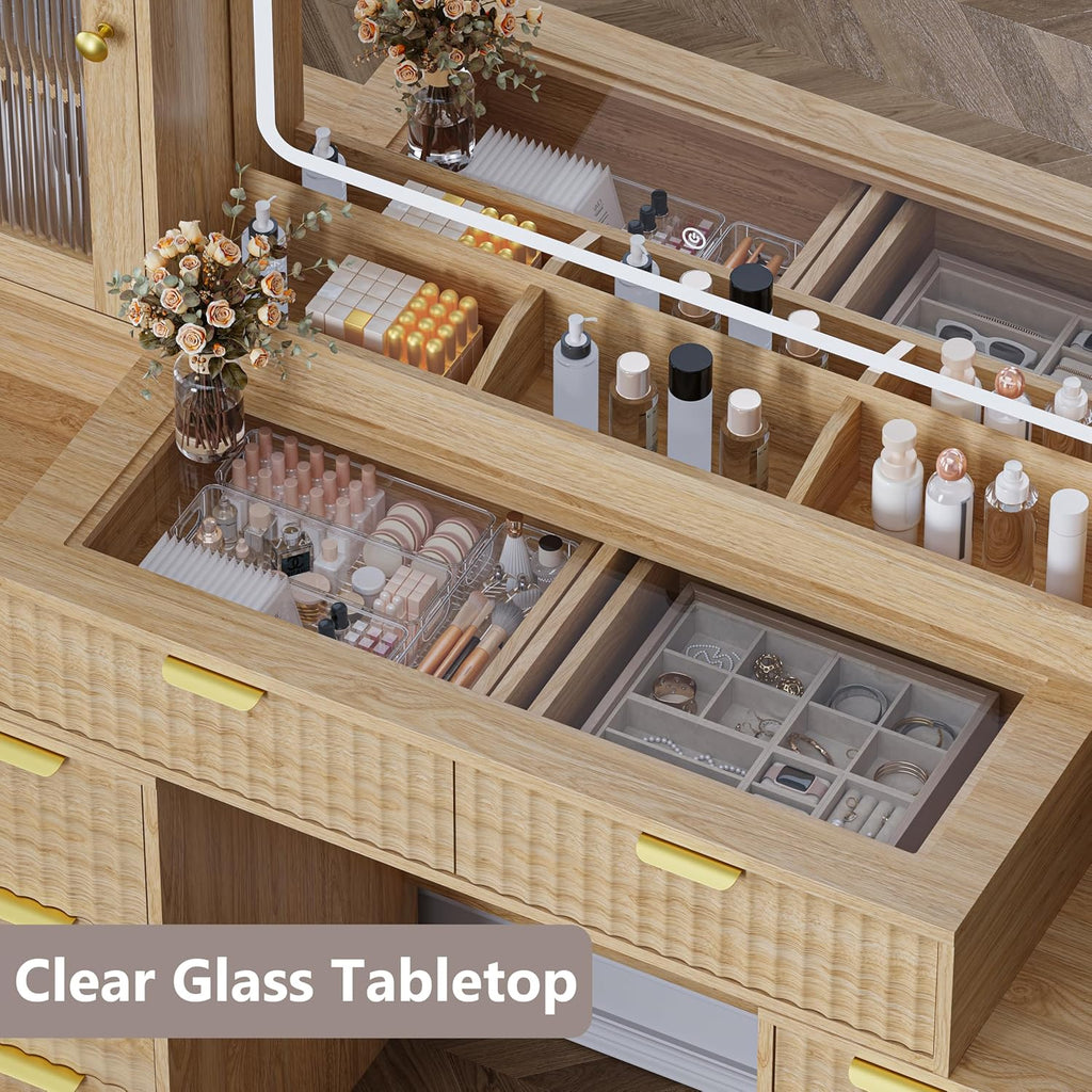 Fluted Makeup Vanity Desk with Mirror and Lights, 55" Glass Top Vanity with 8 Drawers & 4 RGB Glass Cabinets