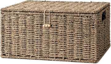 Seagrass Wicker Baskets for Organizing, Large Wicker Basket with Lid, Decorative Basket with Built-in Handles