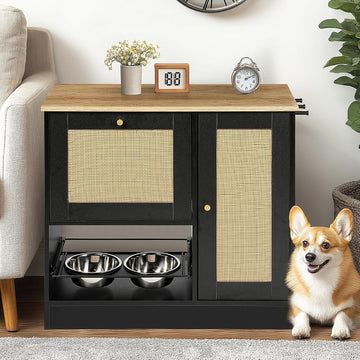 Dog Feeding Station with Rattan Storage Cabinet, Pet Feeder Cabinet with 2 Elevated Dog Bowls & Side Hooks, Pet Food