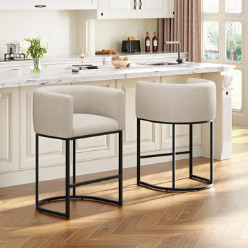 26" H Counter Height Bar Stools Set of 2, Modern Barrel Counter Stools with Backrest and Arms, Linen Fabric