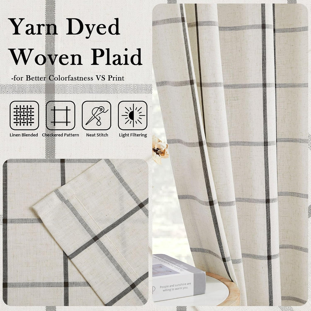 Black Plaid Pinch Pleat Semi Sheer Checkered Linen Blended Window Curtain Drape for Farmhouse Living Room