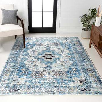 Modern Boho Vintage Medallion Cream/Blue Indoor Area Rug, Bohemian, Traditional, Easy-Cleaning, Pet Friendly