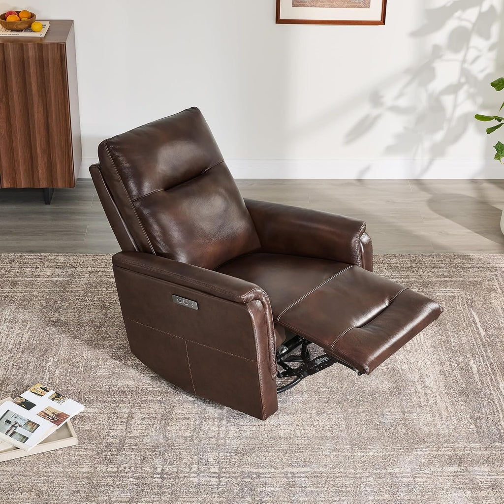 Genuine Leather Swivel Recliner Chairs for Adults, Electric Glider Rocker W Power Headrest USB-C Charger , Brown