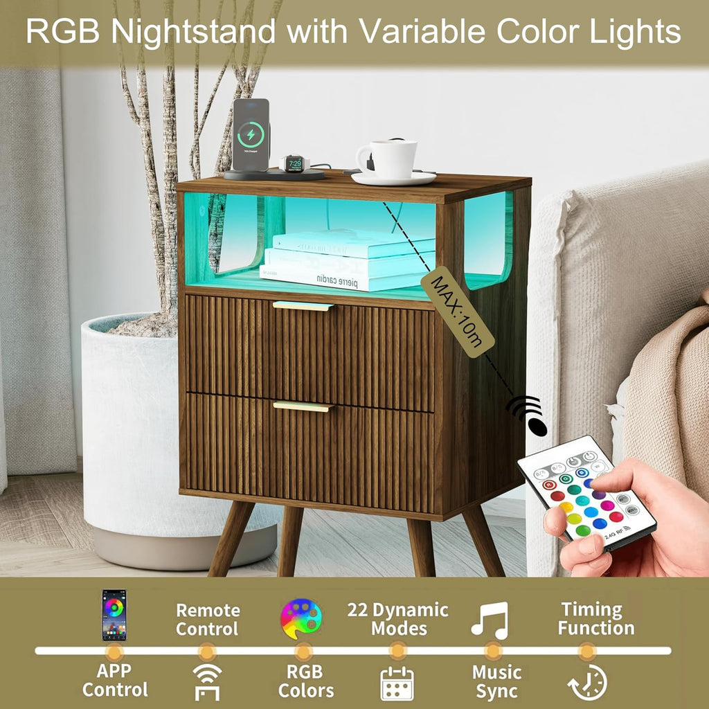 Nightstand with Charging Station and LED Lights,Modern Bedside Table with 2 Storage Drawer and Open Wood Shelf