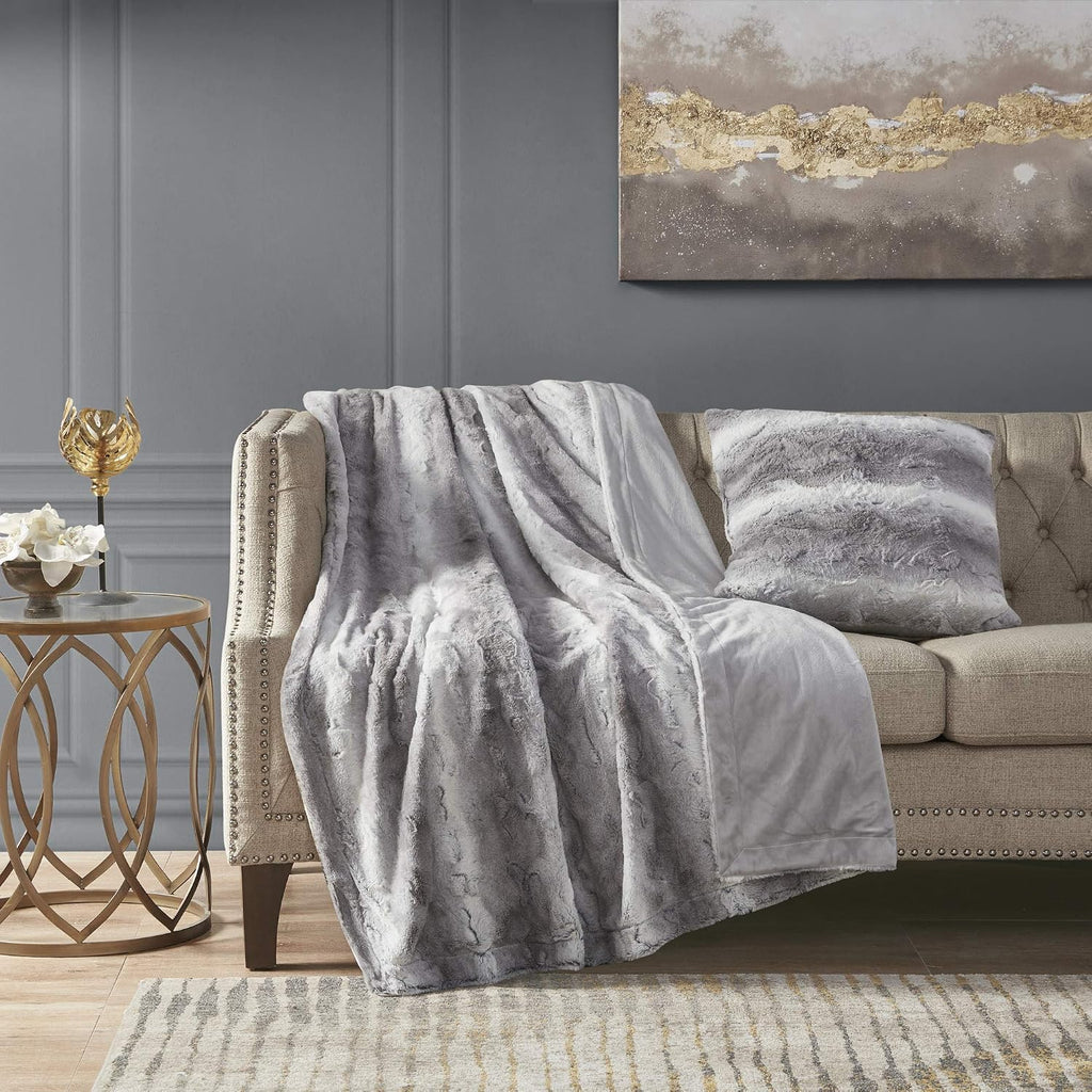 Zuri Faux Fur Ombre Stripe Ultra Soft Luxury Decorative Throw Pillows, 20" x 20", Grey