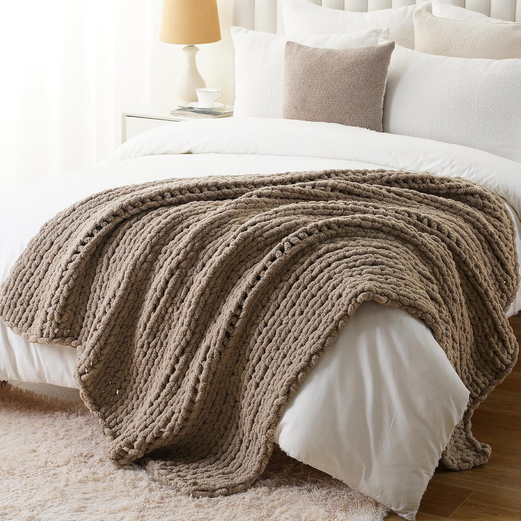 Beige Chunky Knit Throw Blanket, Soft and Thick Taupe Chenille Throw Blanket, 50"x60" Handmade Cable Knit Crochet