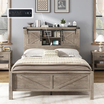 Farmhouse Full Bed Frame with Storage Headboard & Charging Station, Rustic Wood Platform Bed with Barn Door Bookcase