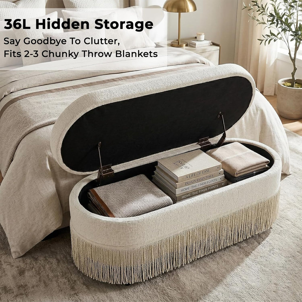 39.4" Boho Storage Ottoman Bench with Tassels,Upholstered End of Bed Bench | Linen Oval Ottoman with Storage