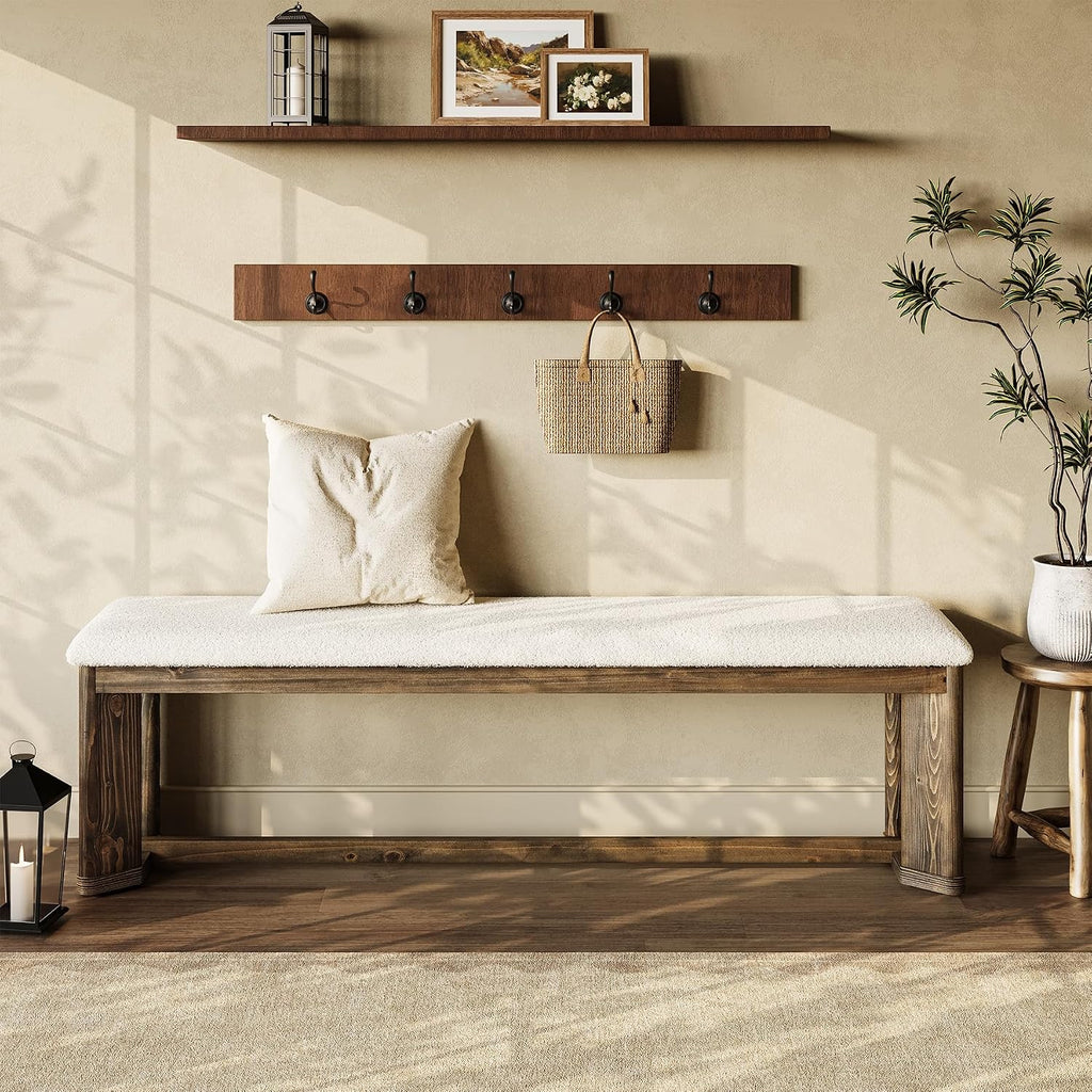 63" Upholstered Bench, Solid Wood Entryway Shoe Bench with Cushion, Long Modern Farmhouse End of Bed Bench with