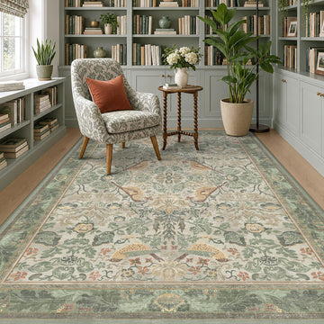 Washable Sage Green Area Rugs Bedside, Dining Room, Office, Muted Cream Green Non Slip Stain Resistant Low Pile