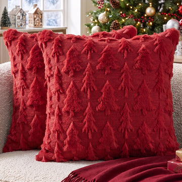 Christmas Trees Red Throw Pillow Covers Set of 2, 20 x 20 Inch Soft Plush Faux Fur Jacquard Festivals Winter Bedroom