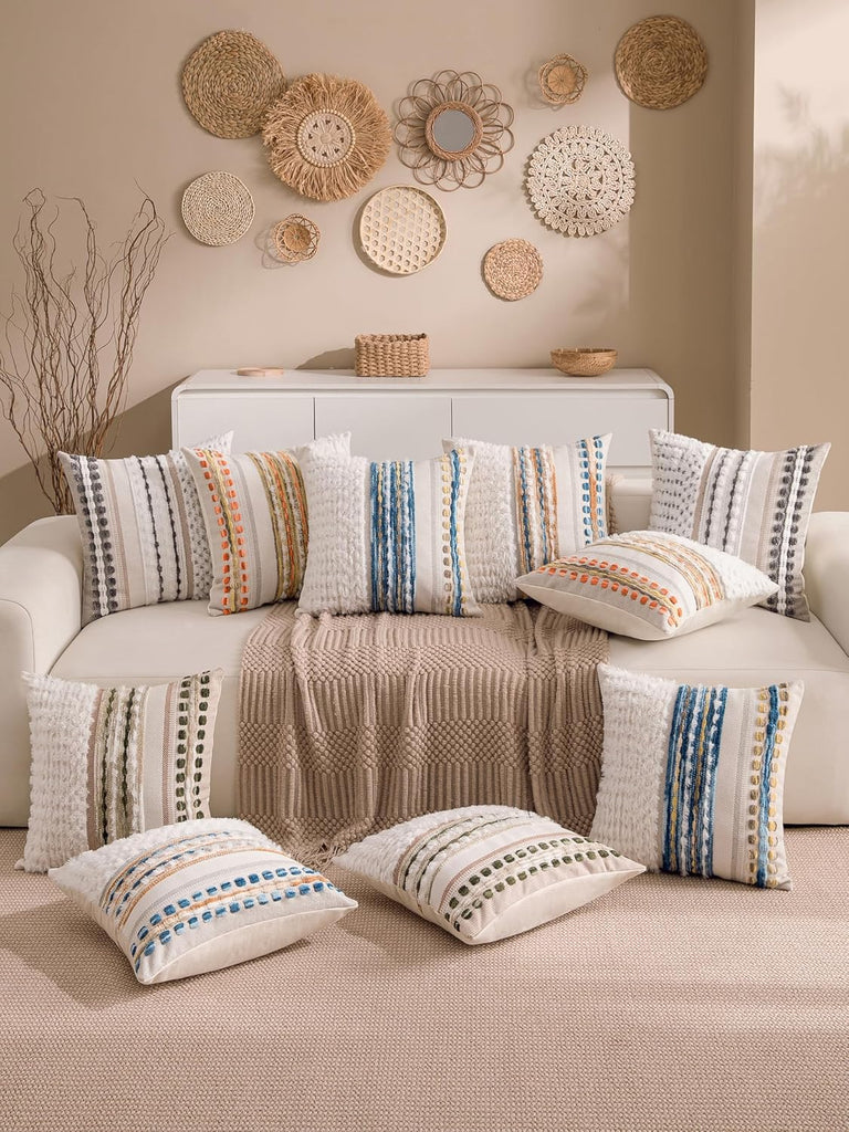 Boho Chenille Tufted Couch Throw Pillow Covers 18x18 Inch Set of 2 Farmhouse Striped Decorative Pillow Covers Accent