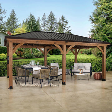 20' x 12' Cedar Wood Outdoor Gazebo Pavilion with Hardtop Galvanized Steel Hip Roof, Snow Support