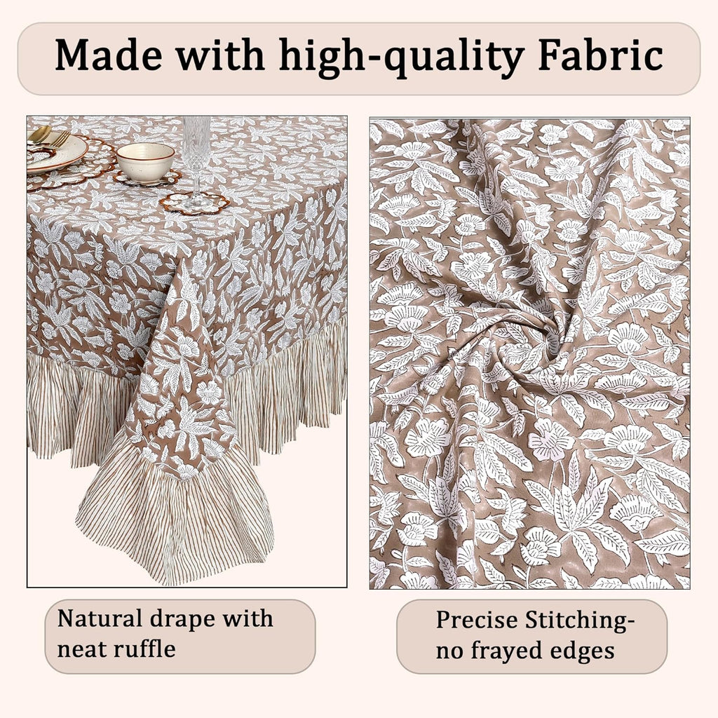 Oak Brown Ruffle Block Print Tablecloth 100% Cotton 60x120 Rectangle Floral Table Cover, Elegant, Vi
