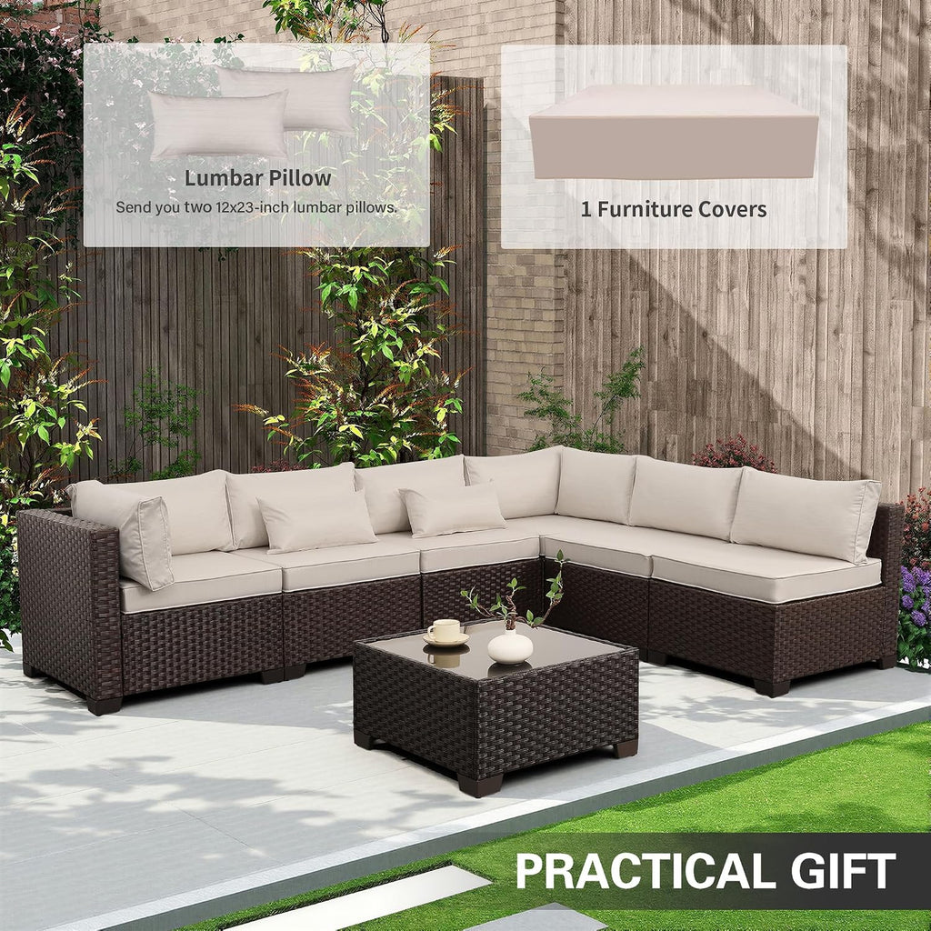 Outdoor Patio Furniture Set 7 Pieces Wicker Sectional Sofa Brown Rattan Conversation Couch with Coffee Table