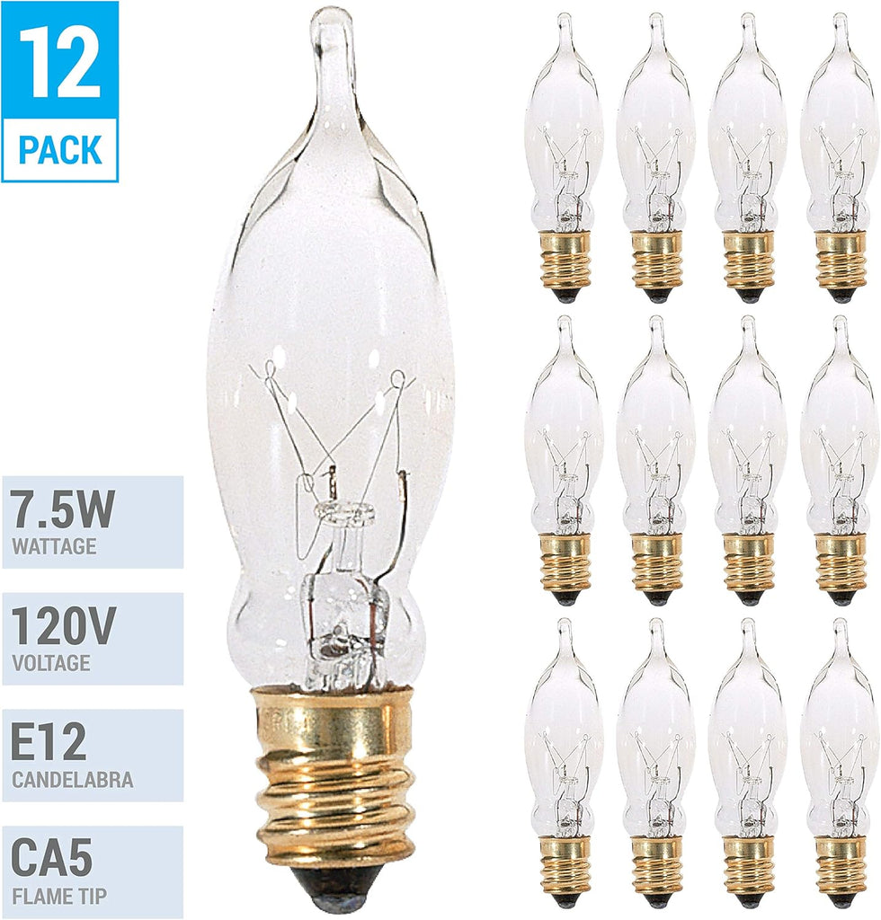 12 Pack) 7.5CFC/15/3 7.5W 120 Volt, Flame Candelabra Tip Chandelier Bulb, Clear CA5 Incandescent, Petite Decorative