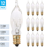 12 Pack) 7.5CFC/15/3 7.5W 120 Volt, Flame Candelabra Tip Chandelier Bulb, Clear CA5 Incandescent, Petite Decorative