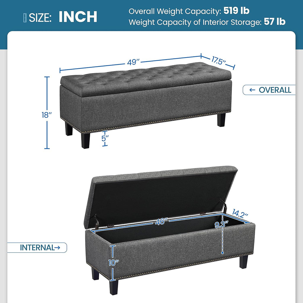 49in Square Storage Ottoman Coffee Table with Nailhead, Dark Gray | Button-Tufted Linen-Look Fabric Bench, 3.5C