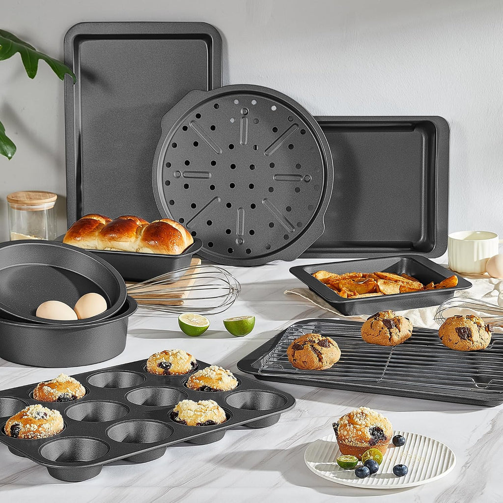 Bakeware Sets, Pans Set, Nonstick Oven Pan with Wider Grips, 10 Pieces Including Rack, Cookie Sheet, Cake Pans, Loaf