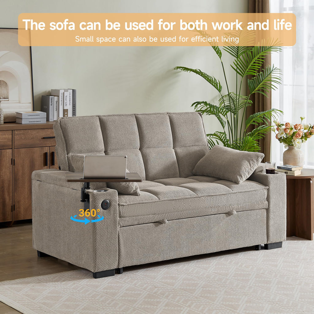65'' Chaise Lounge Chair Indoor, 3-in-1 Convertible Sofa Bed with Pull-Out Design, 360° Swivel Side Table, Modern