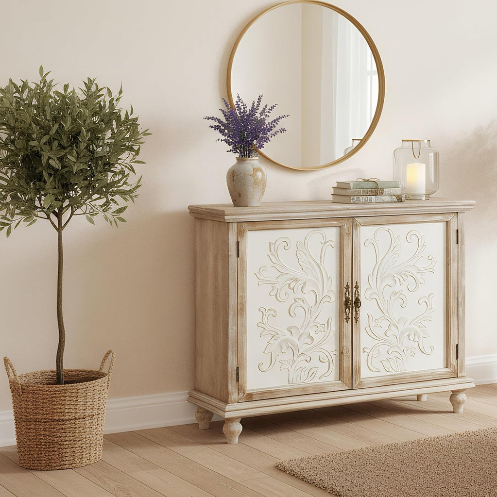 Storage Cabinet, Vintage Distressed Sideboard, Accent Cabinet with 2 Floral-Carved Doors, Buffet Cabinet with