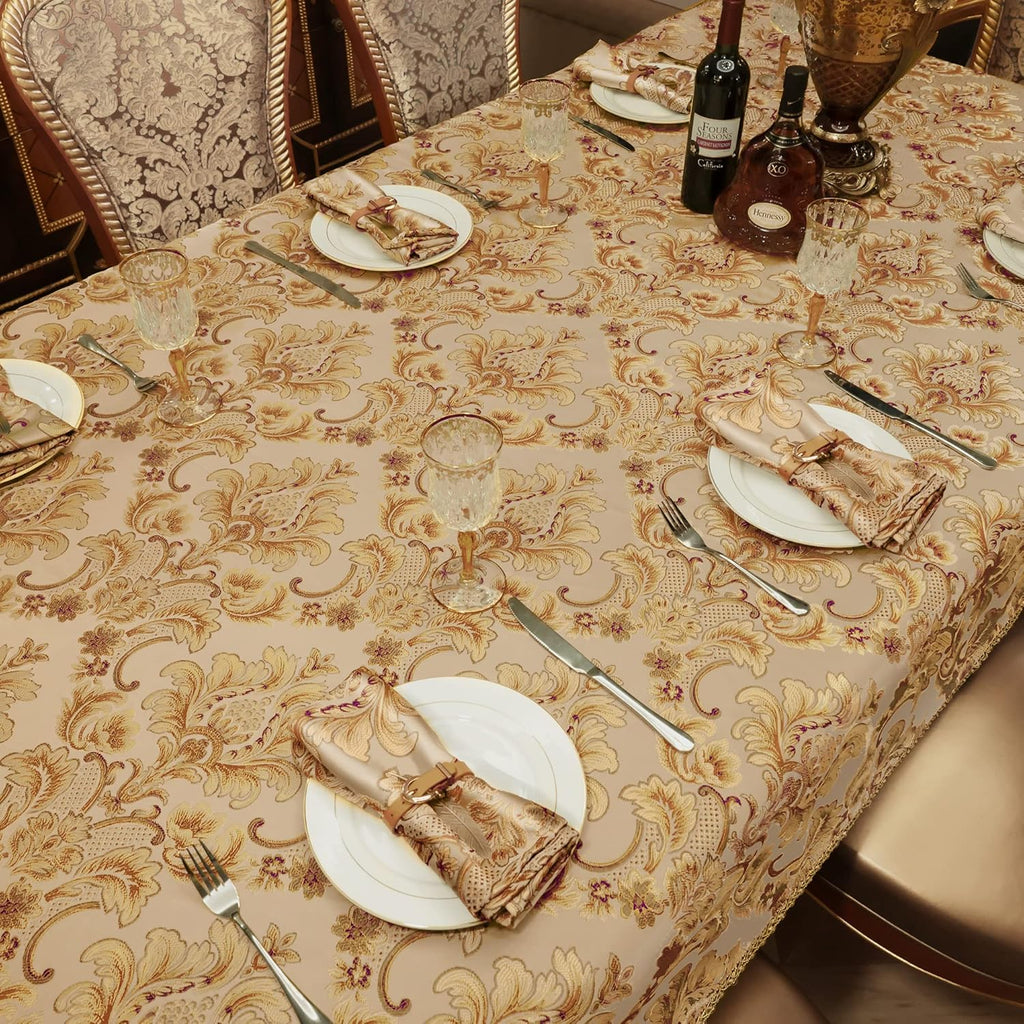 Luxury Rectangle Tablecloth 60 x 84 Inches, Elegant Damask Golden Floral Table Cover with Handmade T