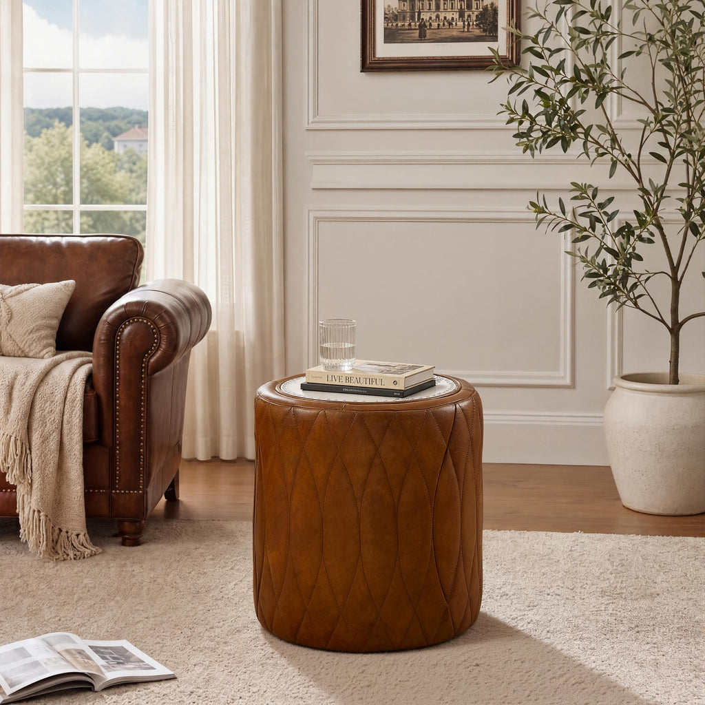 Genuine Leather Ottoman Round Pouf with Aluminum Patchwork