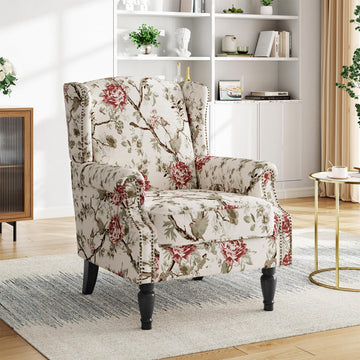 High Back Floral Accent Chair - Retro Wingback Upholstered Armchair with Nailhead Trim, Solid Wood Legs, Fabric