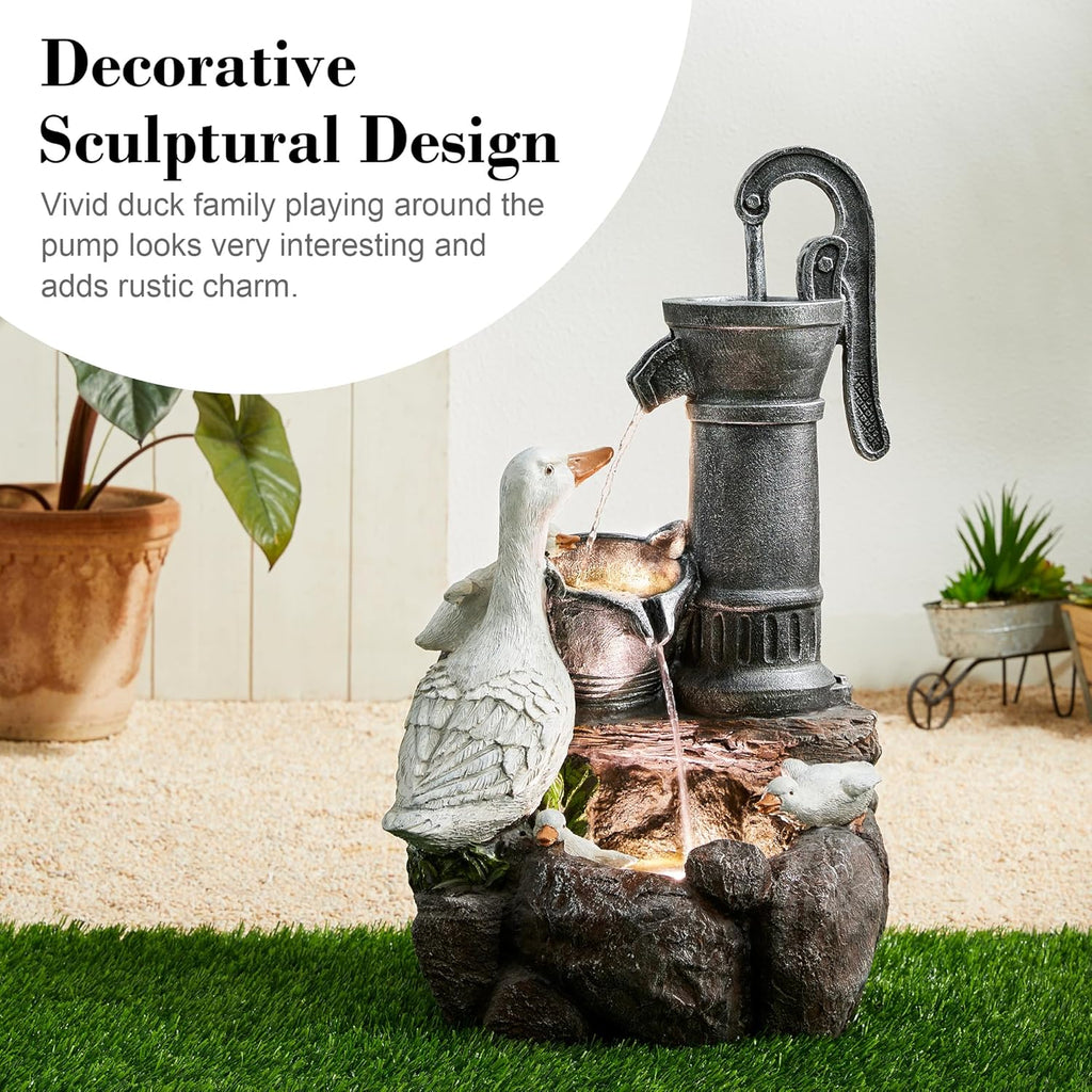 24" Farmhouse Duck Outdoor Fountain with LED & Pump - 2-Tier Cascading Water Fountain for Outside Garden Decor