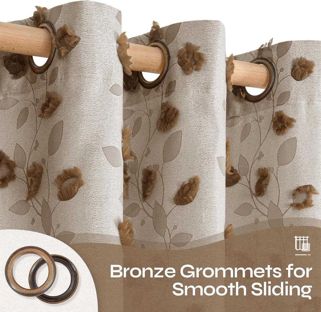 Brown Linen Curtains, Fall Boho Jacquard Leaf Botanical Pattern with Pom Pom Elegant Luxury Soft Farmhouse Vintage