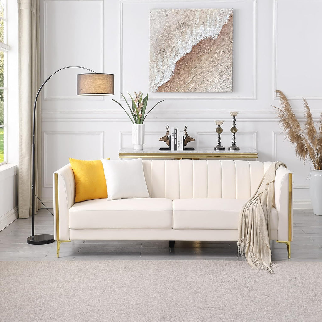 White Leather Couch Sofa, Office Couches 78'' Apartment Faux Leather Sofa with 2 Throw Pillows & Gold Metal