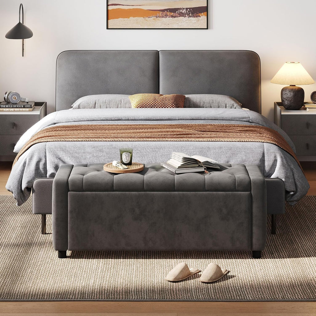 49" Velvet Ottoman with Storage, Upholstered End of Bed Storage Bench, Large Ottoman Foot Rest , Dark Grey