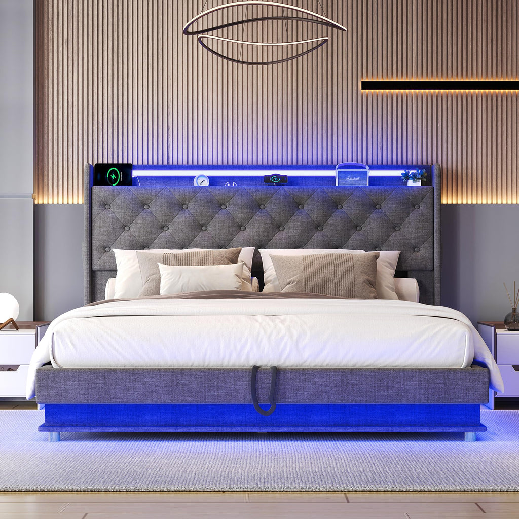 Full Size Bed Frame with Headboard, Lift Up Storage Bed Frame with Charging Station&Led Lights, Upholstered Platform