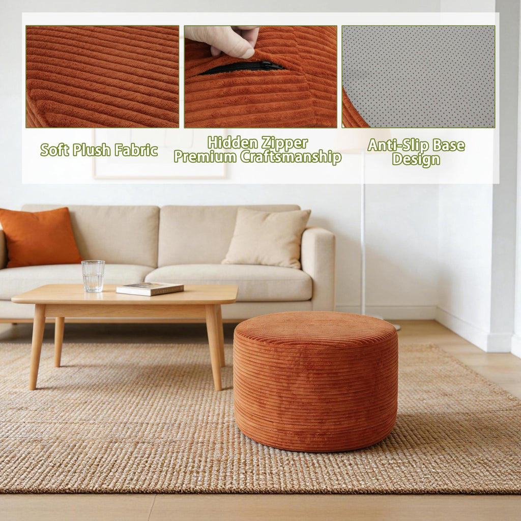 Round Ottoman Pouf, Corduroy Foot Rest Stool, 20x14In, Burnt Orange