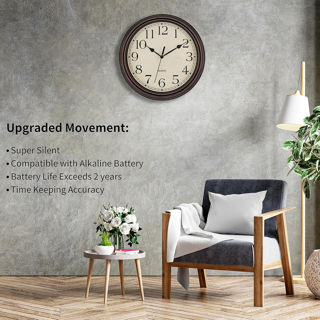 14 Inch Wall Clock Battery Operated Silent Non-Ticking Round Classic Vintage Retro Wall Clock Decorative for Living Room Kitchen Home Office (Bronze)