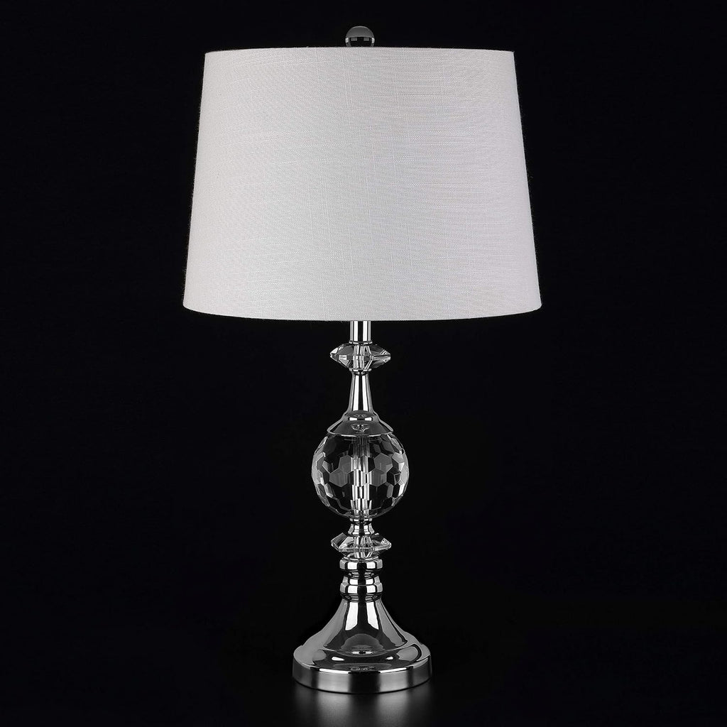 25.5" Clear Crystal and Chrome Table Lamp, Glam Faceted Sphere Bedside Lamp with White Linen Drum Shade