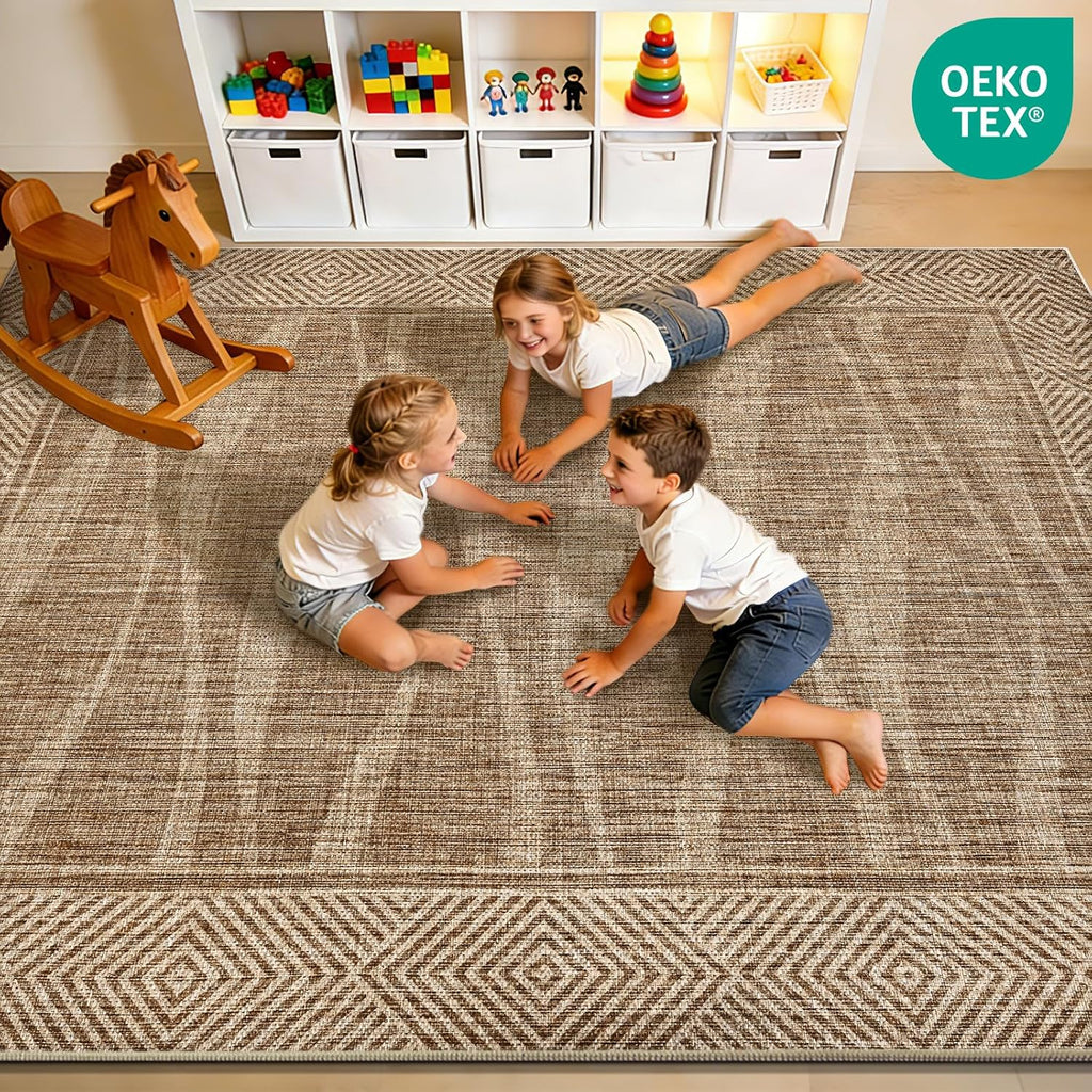 Jute Rug 5x7 Outdoor Patio Rug with Border, Washable Rugs for Living Room, Farmhouse Non Slip Area R