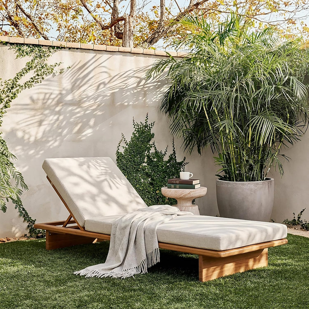 Acacia Wood Chaise Lounge Chair Outdoor with Water Resistant Cushion, 4-Position Adjustable Outdoor Recliner