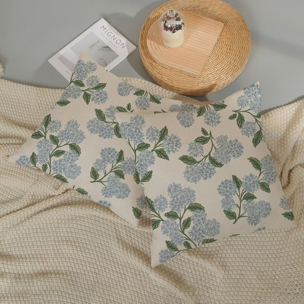Spring Pillow Covers 18x18 Inch 2 Pcs Blue Green Hydrangea Flower Decor Throw Pillows Vintage Floral Seasonal Summer