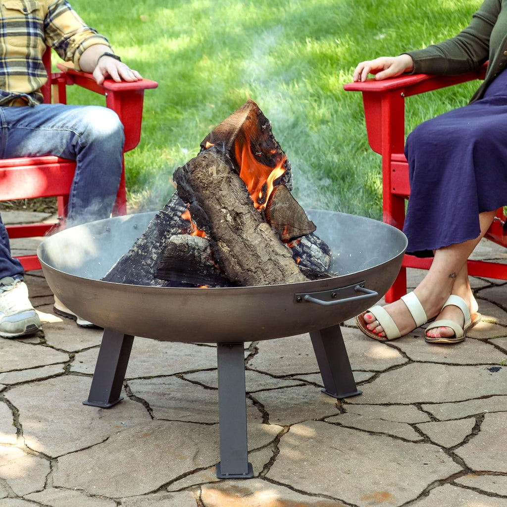 30 Inch Cast Iron Fire Pit Bowl - Wood Burning Outdoor with Handles - Gray