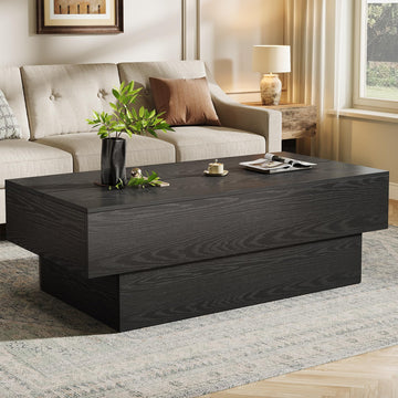 55-Inch Wooden Coffee Table, Modern Rectangular Tea Table, Large Center Table, Reception Room, Black