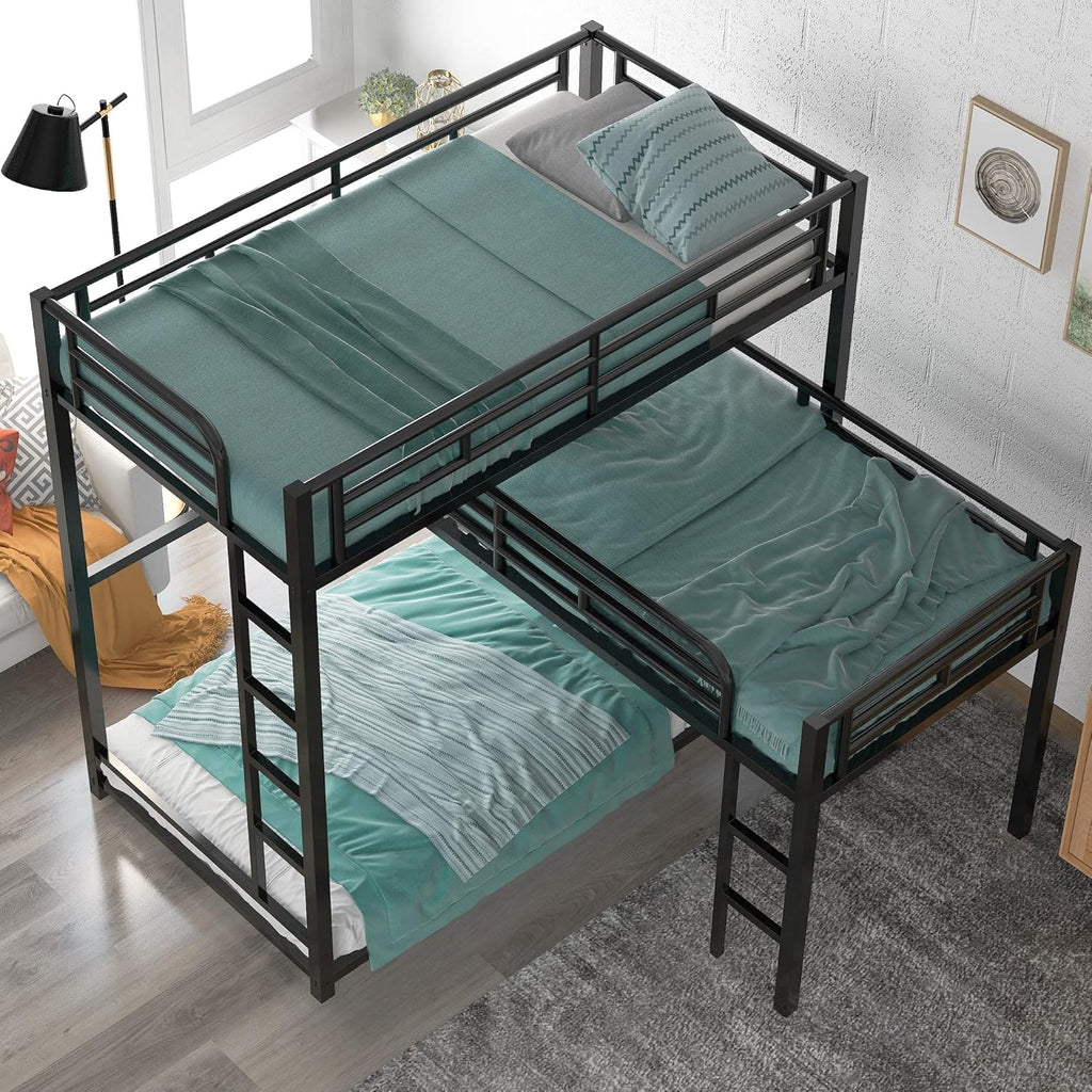 Metal Triple Bunk Bed Twin, L-Shaped Metal Triple Bunk Bed Frame, 3 Beds Bunk Bed for Kids Teens Adults - Black