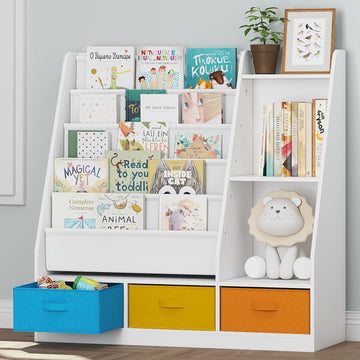 5-Tier Kids Sling Bookshelf with Storage Bins, Wood Children Bookcase, Toddler Montessori Book Shelf for Kids Room