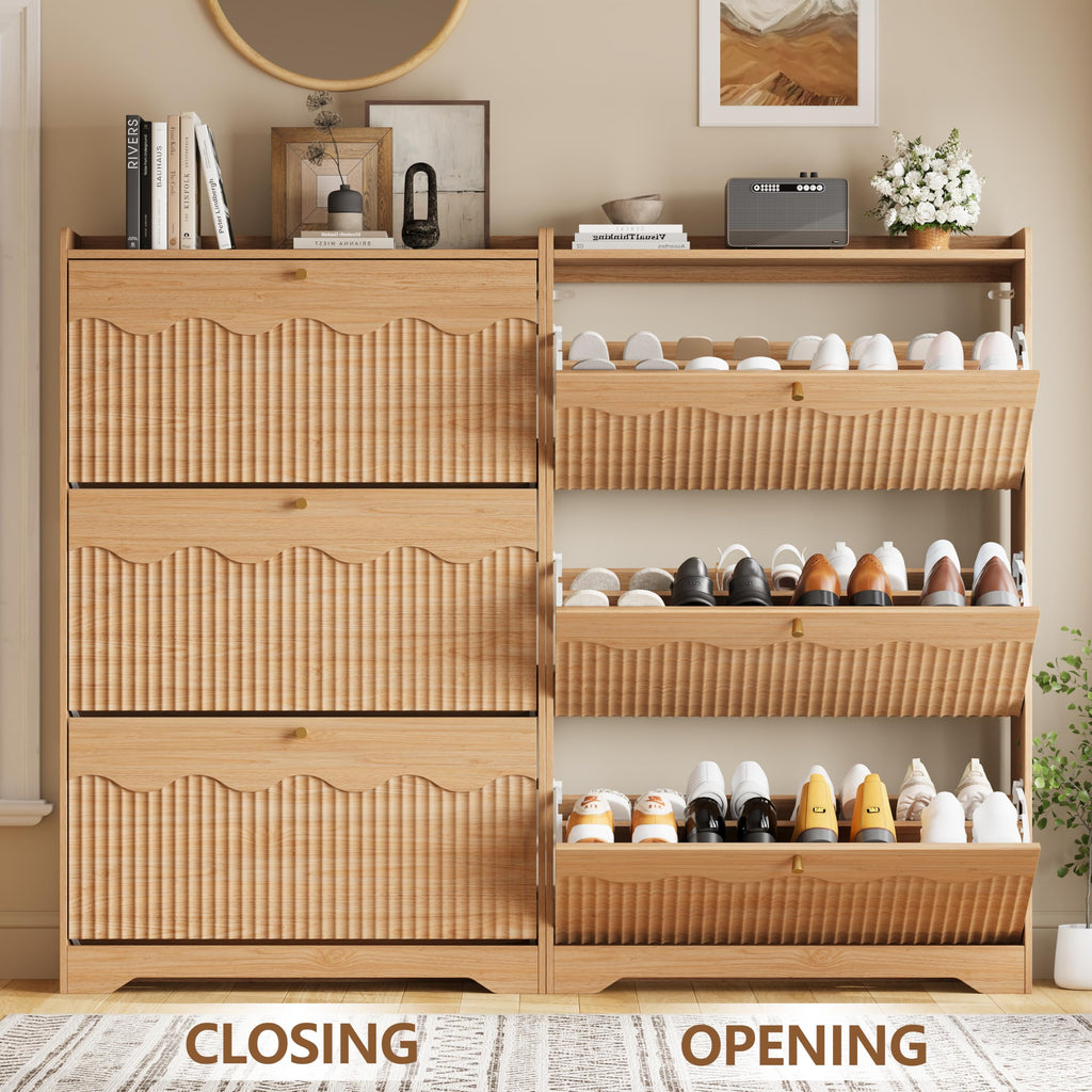 Shoe Storage Cabinet with 3 Flip Drawers and Modern Wave-Edge Fluted Panels, Slim Shoe Rack, Freestanding Narrow