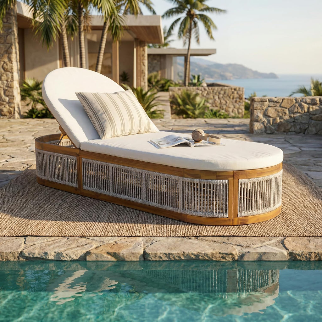 Teak Finish Acacia Wood Chaise Lounge with Cream Cushion, 3-Position Adjustable Outdoor Patio Poolside Lounger