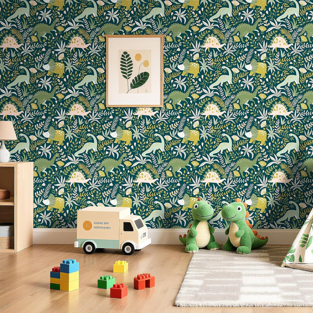 17.5"x275" Floral Dinosaur Peel and Stick Wallpaper Kids Boy Nursery Wallpaper Green Woodland Animal Wall Paper Peel