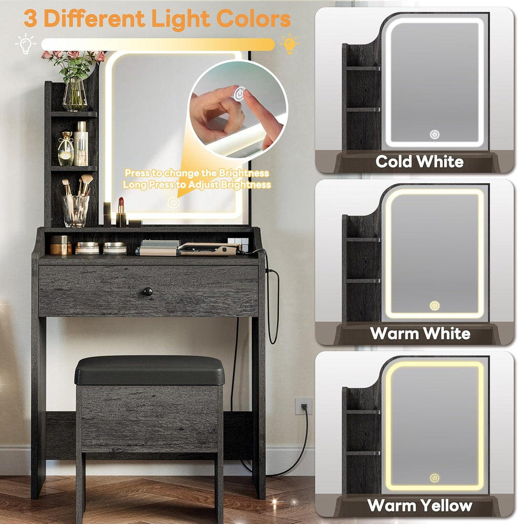 Small Vanity Desk with Mirror Lights and Storage Stool | Charcoal grey compact vanity with 3 light modes, charging
