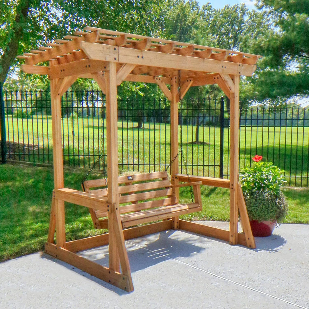 8' x 5' Cedar Wood Outdoor Patio Pergola Swing Bench with Trellis, Two-Person Seating, Chains