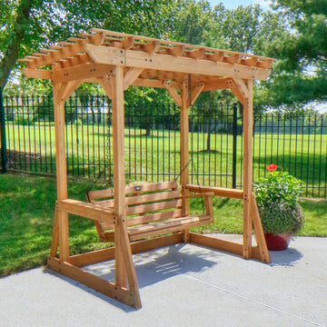8' x 5' Cedar Wood Outdoor Patio Pergola Swing Bench with Trellis, Two-Person Seating, Chains